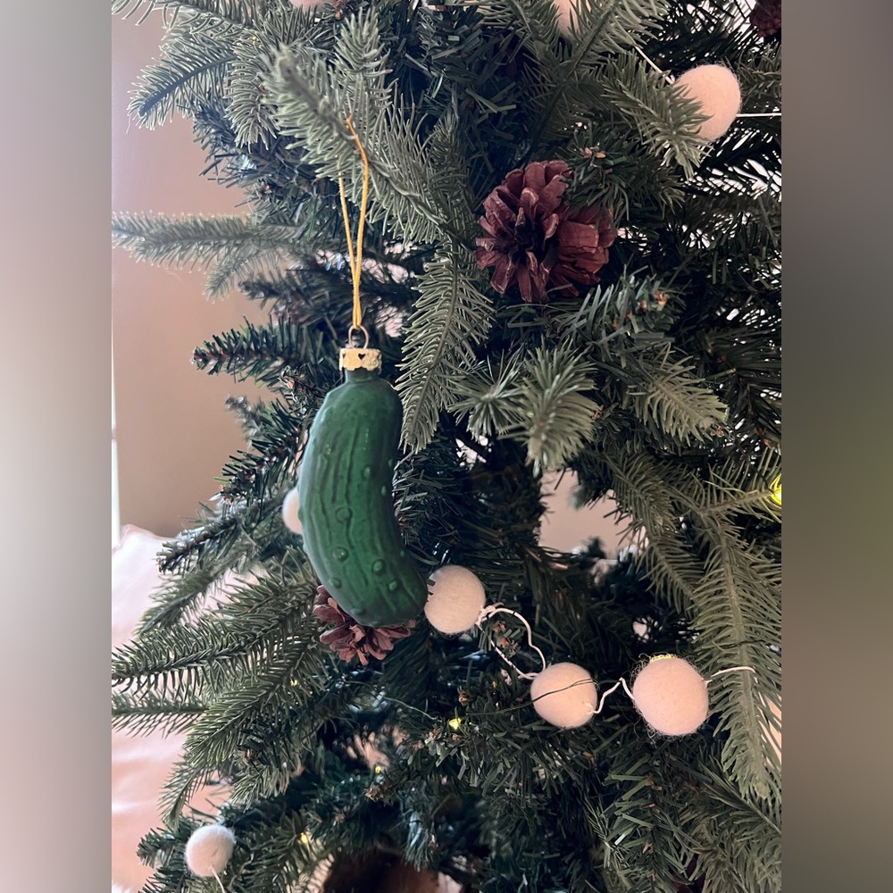 Traditional German Glass Green Pickle Christmas Ornament with Descriptive Tag